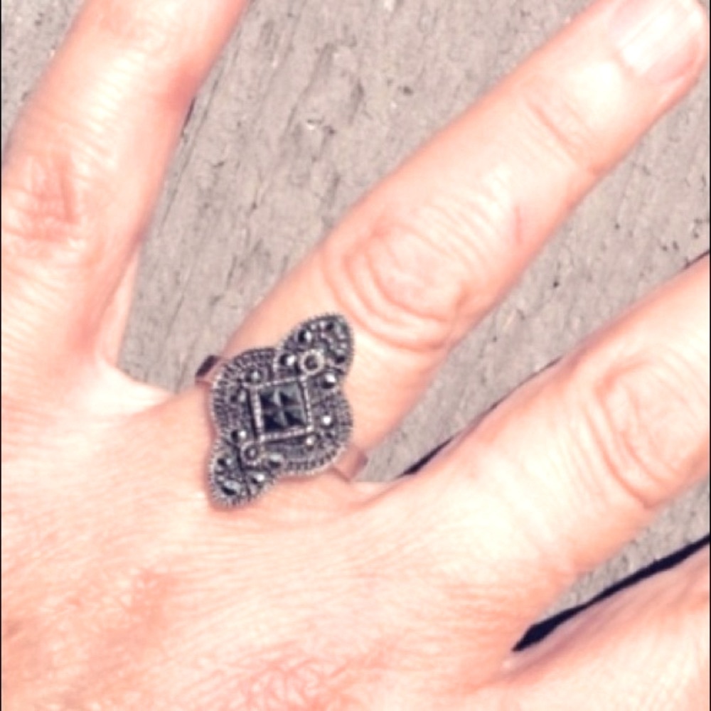Ring MARCASITE 925 Sterling Vintage Silver Black Gray 7.5 - Picture 3 of 4